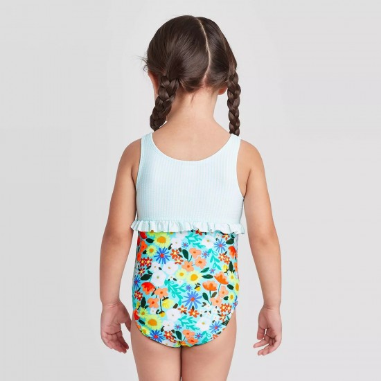 Toddler Girls Floral Seersucker Empire Ruffle One Piece Swimsuit